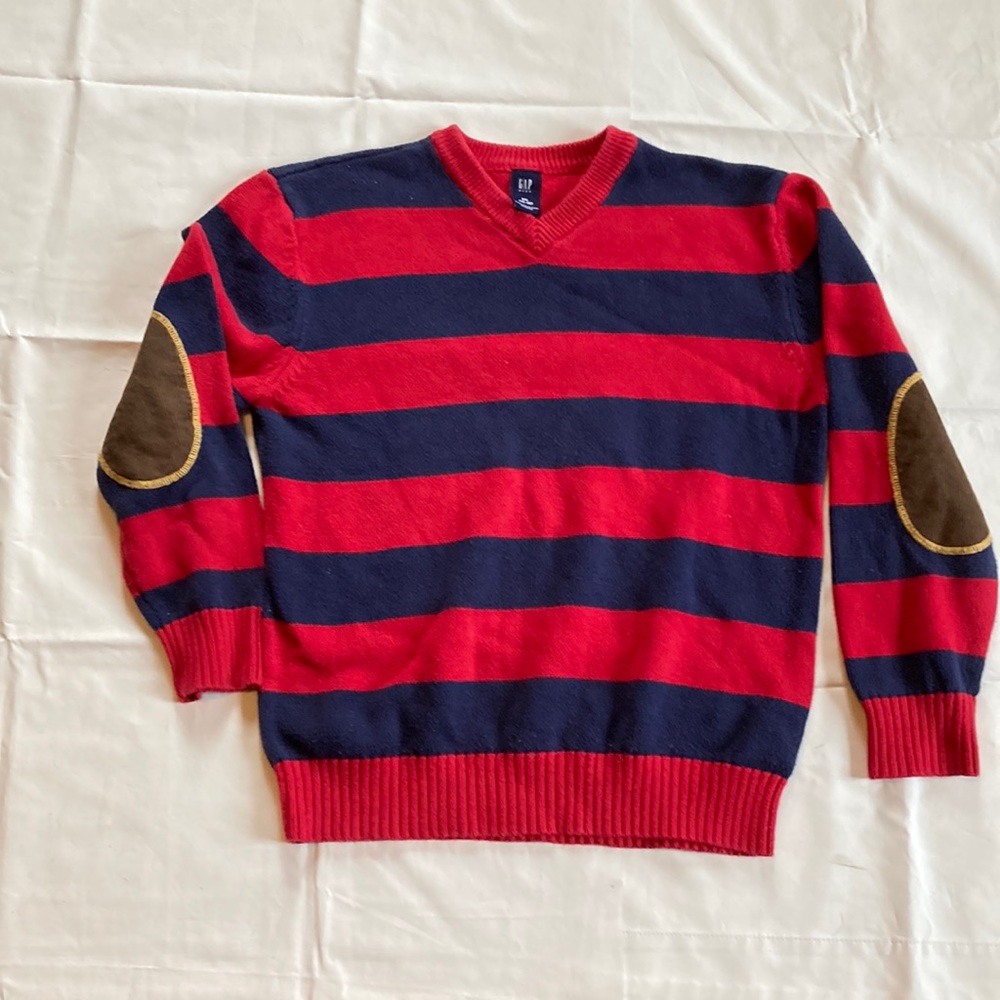 GAP Boys Red and Navy Striped Sweater with Brown Elbow Patches